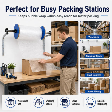 Heavy Duty Wall Mount Bubble Wrap Dispenser Built Tough Industrial Steel Roll Holder with bubble wrap in a warehouse setting.