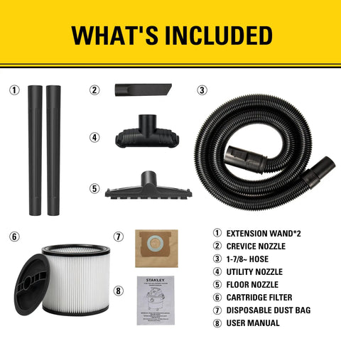 Components of 8 Gallon Wet Dry Vacuum With 4 HP Peak Motor, Heavy Duty Shop Vac With Attachments, Blower Function shown