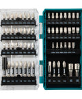Makita E-01644 60-piece impact bit set in clear/teal two-tone case, front view.