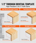 1/2" Through Dovetail template for Rock Solid Dovetail Router Jig 12 Inch Width, showcasing half blind and through dovetail designs.