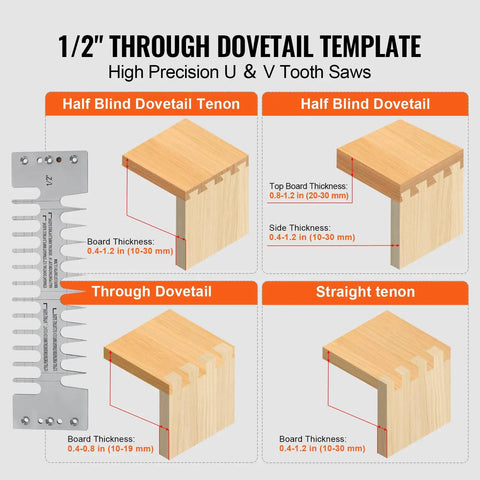 1/2" Through Dovetail template for Rock Solid Dovetail Router Jig 12 Inch Width, showcasing half blind and through dovetail designs.