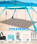 Pop Up Beach Tent Sun Shelter Grande 10x10ft Canopy With 4 Stability Poles on beach with carry bag and accessories, fits 8 people