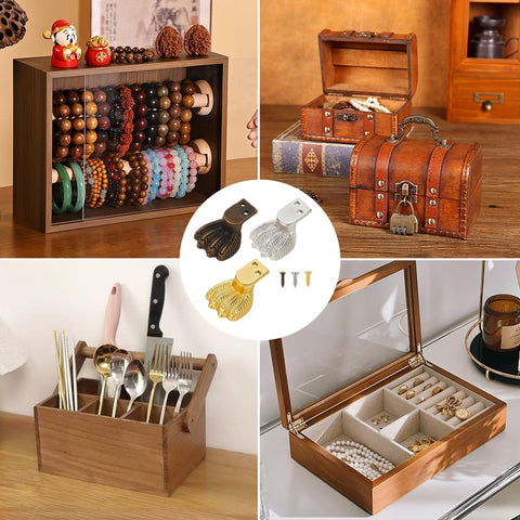 Dope Antique Zinc Alloy Feet Set 30 Pieces In 3 Colors shown with jewelry boxes, cabinets, and wooden trays.