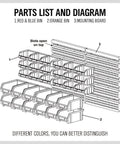 Wall Mounted Storage Bin Rack Kit 30 Piece Parts Organizer For Garage And Shop Durable Plastic With Color Coded Red Blue Orange Bins Removable Slat Wall Mount Heavy Duty Tool Storage Gift diagram