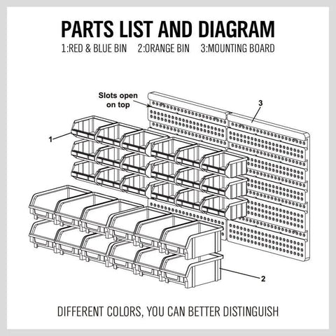 Wall Mounted Storage Bin Rack Kit 30 Piece Parts Organizer For Garage And Shop Durable Plastic With Color Coded Red Blue Orange Bins Removable Slat Wall Mount Heavy Duty Tool Storage Gift diagram