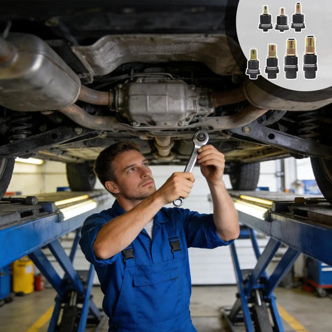 Mechanic using Beefy Rivet Nut Tool Kit Set With 7 Carbon Steel Drill Attachments under car lift, insert detail shown