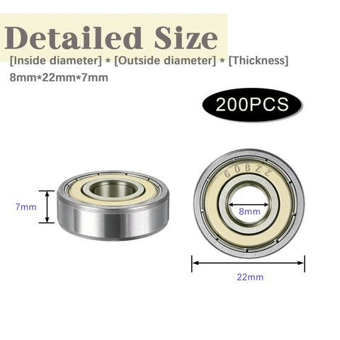 608ZZ Dope Ball Bearing Kit, 200 Pieces, Deep Groove Carbon Steel Bearings 8x22x7mm, 8mm bore 22mm outer 7mm thick