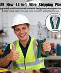 Smiling worker holding Foldable Wire Stripper And 14 In 1 Tester Kit with Voltage Detector, giving thumbs up in workshop.