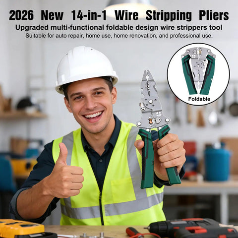 Smiling worker holding Foldable Wire Stripper And 14 In 1 Tester Kit with Voltage Detector, giving thumbs up in workshop.