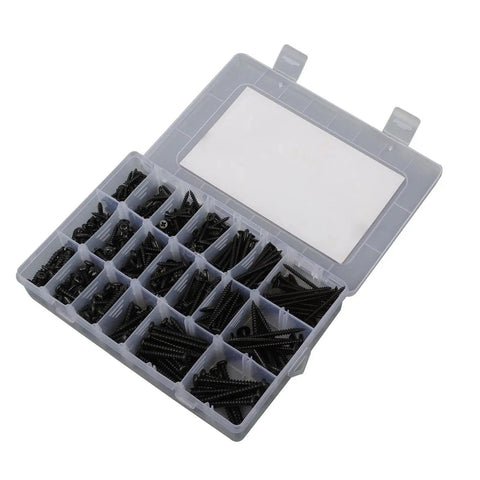 Woodworking Screw Kit With 485 Piece Assortment In Sizes 6 8 10 And Round Head Truss Head Flat Head For All DIY Projects Heavy Duty Fasteners For Quick Fixes And Pro Grade Woodwork, black screws in plastic organizer