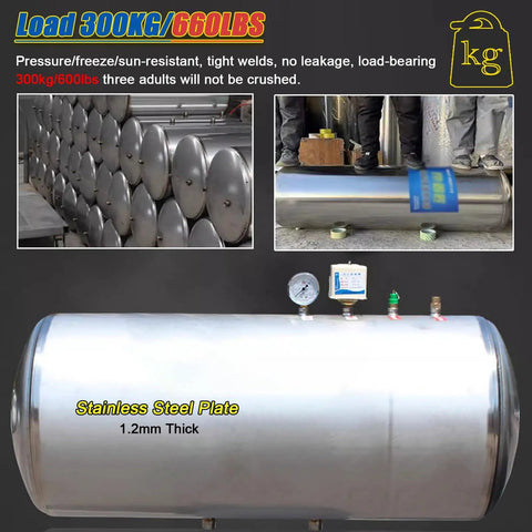 Heavy Duty 30 Gallon Stainless Steel Water Pressure Tank Kit showcasing durability and pressure resistance features.