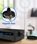 Strong Magnetic Base FM Radio Antenna Telescopic For Indoor Home Theater Receivers with Bluetooth HD FM, shown installed on a receiver.
