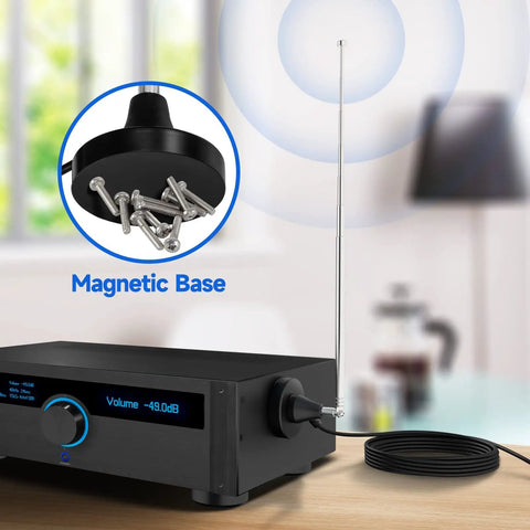 Strong Magnetic Base FM Radio Antenna Telescopic For Indoor Home Theater Receivers with Bluetooth HD FM, shown installed on a receiver.