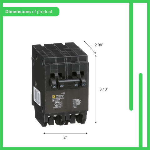 Homeline Tandem Circuit Breaker Kit With Two 20A Single Poles And One 20A Double Pole 120 To 240 Volt 10kA dimensions shown