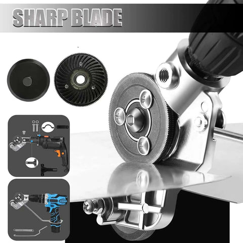 Plate Cutter Drill Attachment For Metal Sheets Upgraded 2024, close-up of cutting blade on metal sheet with drill compatibility diagrams.