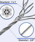 7x7 wire rope structure with diagram, 1/8 inch diameter shown, 1/8 Inch Stainless Steel Cable 450 Ft T316 For Deck Railing With 7x7 Wire Rope Construction Rust Resistant Coastal Grade Outdoor Balcony Cable Wire Built Tough For Strong Safe Railings And Modern Look