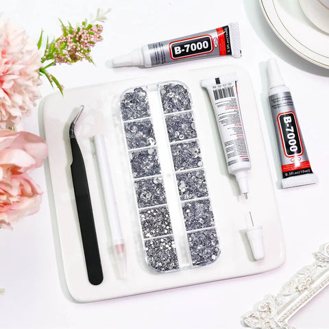 Clear Rhinestone Bedazzling Kit With 4000 Flatback Gems And 30ml B7000 Glue Mixed Sizes 2mm 3mm 4mm 5mm 6mm Includes Picker Wax And Tweezers