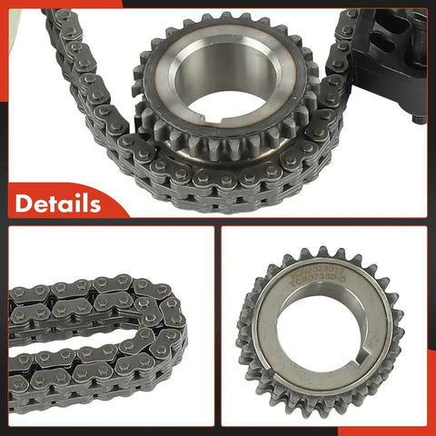Close-up of Engine Timing Chain Kit With Sprocket, Tensioner, And Guide For Chevrolet Equinox 2018-2020, showing metal chain links