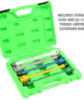 Open green case with Torque Sticks Half Inch Drive Set Five Piece Torque Limiting Extensions For Lug Nut Protection