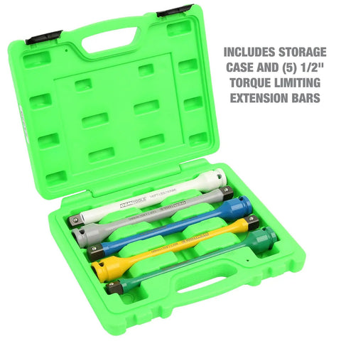 Open green case with Torque Sticks Half Inch Drive Set Five Piece Torque Limiting Extensions For Lug Nut Protection