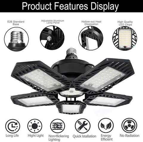 Deformable LED Garage Light 160W 16000 Lumens Five Adjustable Heads Lighting Fixture with 180 Degree Coverage features