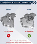 Comparison of CVT filter kits for Nissan, with left kit 31728-28X0A incorrect and right kit 31728-29X0D correct for easy install.