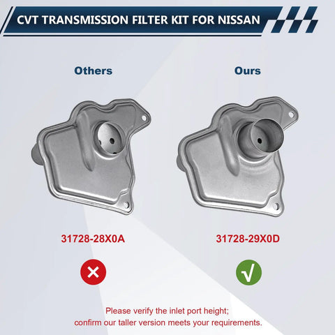 Comparison of CVT filter kits for Nissan, with left kit 31728-28X0A incorrect and right kit 31728-29X0D correct for easy install.
