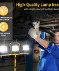 LED Light Work Stand With 21000LM Portable Job Site Lighting for construction in garage with retractable tripod in use