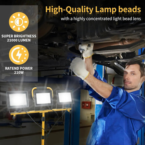 LED Light Work Stand With 21000LM Portable Job Site Lighting for construction in garage with retractable tripod in use