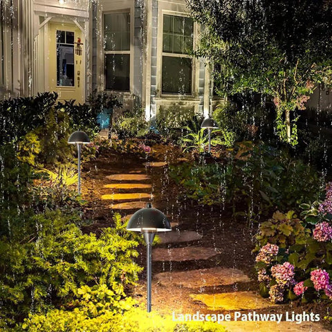 Go To Low Voltage G4 LED Path Lights For Outdoor Landscape Lighting In Oil Rubbed Bronze with warm white glow illuminating path