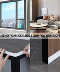 Top Shelf White Self Adhesive Foam Tape 1 Inch By 10 Feet Heavy Duty Weather Stripping for Window and Door Seals, applied on a window and tabletop.