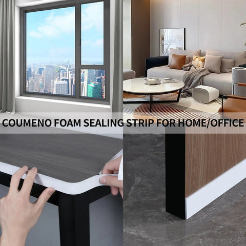 Top Shelf White Self Adhesive Foam Tape 1 Inch By 10 Feet Heavy Duty Weather Stripping for Window and Door Seals, applied on a window and tabletop.