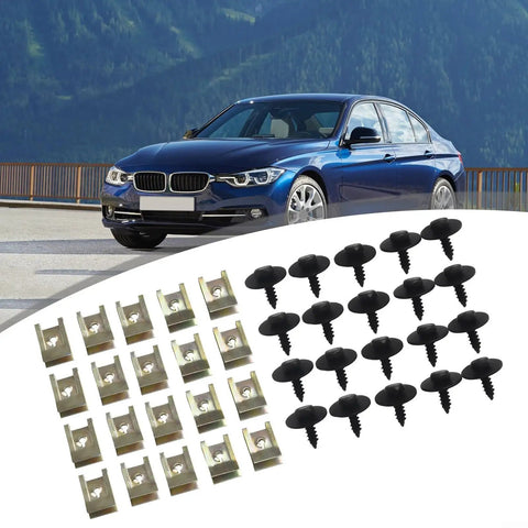 BMW Undertray Fastener Kit 40 Pack With Hex Head Self Tapping Bolts And U Nut Clips For Splash Shield Direct Fit For BMW 1 Series Through 7 Series X1 X3 X5 X6 Z3 And Mini Cooper, shown with black screws and metal clips