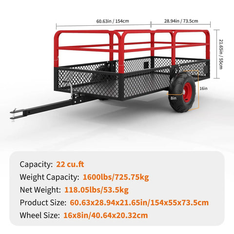 Heavy Duty ATV UTV Trailer Dump Cart Tow Behind With 1600 Lbs Capacity And 22 Cubic Feet Yard Garden Trailer Removable Sides