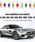 Mini ANL Blade Fuses For Cars And Boats Big Multipack Replacement Kit Includes 20A 30A 40A 50A 60A 80A 100A 125A 150A displayed above a car