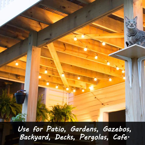 100 Ft G40 Globe Outdoor String Lights With 50 Dimmable Shatterproof Bulbs on a wooden patio ceiling creating warm ambiance