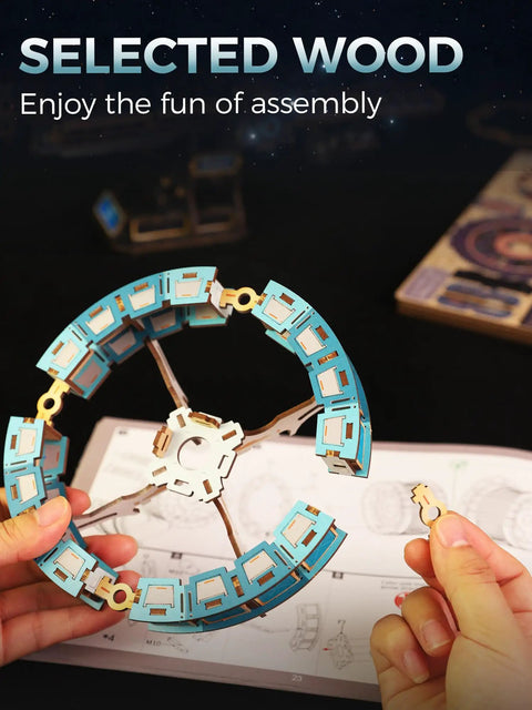 Space Station Rotating Mechanical Puzzle Kit With Lights And Motor, 511 Piece 3D STEM Project For Adults, Sci Fi Bookshelf Decor, Interactive Build For Beginners, A Totally Sick Gift For Men Women Teens 14 Plus, blue wooden ring parts