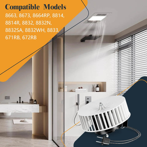 Upgraded Quiet Bathroom Exhaust Fan Motor Replacement for universal ceiling vent fans, shown in modern bathroom setting.