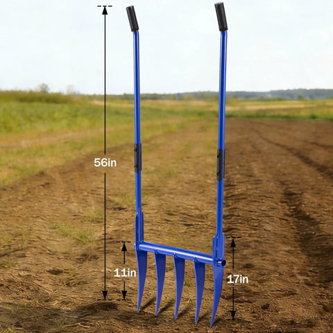 Heavy Duty Broadfork 56 Inch Garden Tool With Unbreakable Build And Five 11 Inch Cambered Tines, Ergonomic Handles, Blue Finish