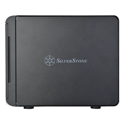 Kickass 4 Bay External Hard Drive Enclosure Running 10Gbps Over USB Type C For Plug And Play SATA HDD Or SSD Hot Swapping Quiet Energy Saving Mode Finished In Sharp Black Design viewed from the top.