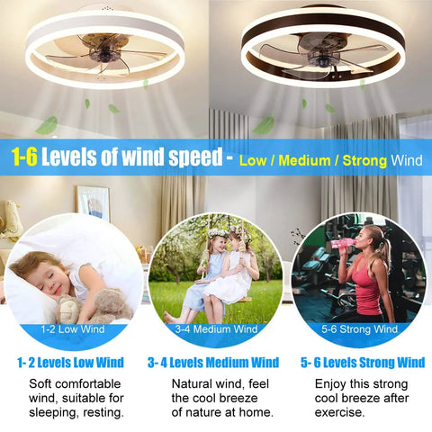20 Inch Smart Ceiling Fan With Remote And App Control And Light showing 1-6 wind speed levels for various activities.