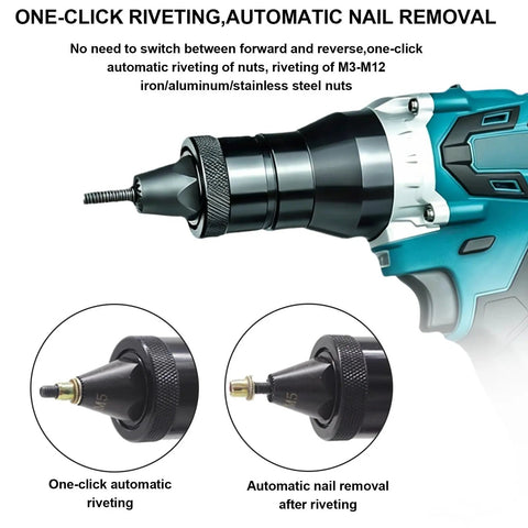 Cordless 26V Portable Electric Rivet Gun Kit With Brushless Blind Riveter For Aluminum Iron Steel Rechargeable Battery complete tool set, close-up nose