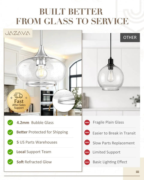 JAZAVA 9.8 Inch Brushed Nickel Pendant Lights Kitchen Island, Bubble Glass showcasing bubble glass design and adjustable hanging features.