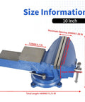 10 Inch Heavy Duty Cast Iron Bench Vise With 360 Degree Swivel Lock Base Chrome Spindle And Nuts Quenched Jaw For Extra Hard Grip Non Slip Textured Jaw Surface Built For Pro Shop Quality Bench Work, size chart