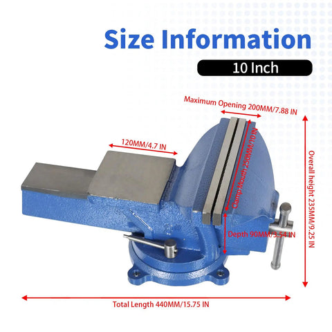 10 Inch Heavy Duty Cast Iron Bench Vise With 360 Degree Swivel Lock Base Chrome Spindle And Nuts Quenched Jaw For Extra Hard Grip Non Slip Textured Jaw Surface Built For Pro Shop Quality Bench Work, size chart