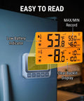 Front view: wireless fridge/freezer thermometer with alarm and orange backlit LCD display, 500 ft range