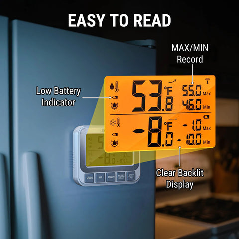 Front view: wireless fridge/freezer thermometer with alarm and orange backlit LCD display, 500 ft range