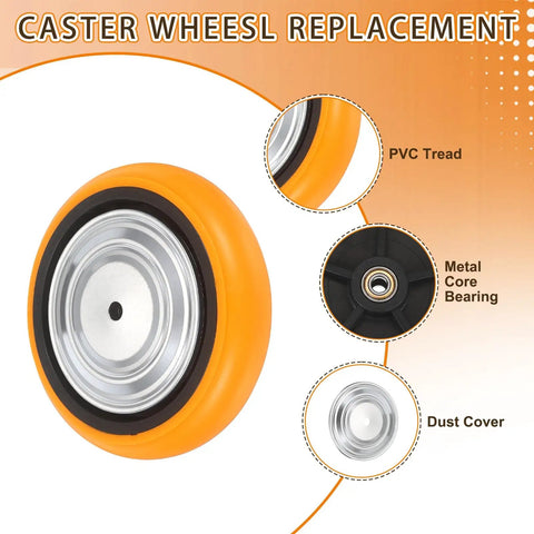 Rock Solid Heavy Duty Industrial Caster Wheel Replacement featuring eight inch rolling thru axle design and five eighth inch mounting bore view with PVC tread and metal bearings.