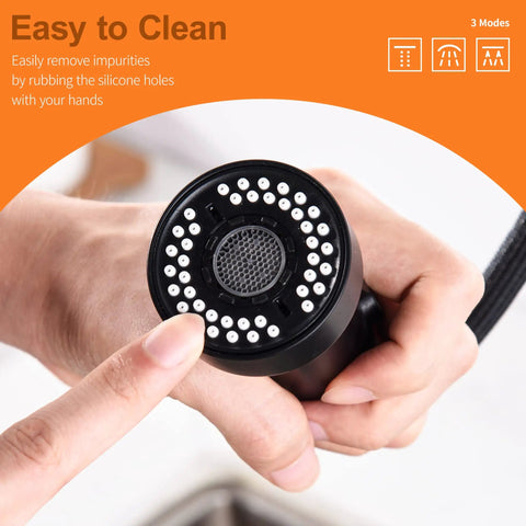 No Sweat Matte Black Kitchen Faucet Replacement Head With Solid 15 Piece Adapter Kit Pull Down Sink Sprayer Nozzle close-up view showing easy-clean silicone holes.