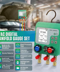 HVAC Digital Manifold Gauges Kit With Dual Pressure And Vacuum Tests, 92 Refrigerant Readouts, Hoses, R22 R134a R410a Compatibility, 1/4 Inch SAE Interface, Portable Hook, Leak Test And Refrigerant Fill. Green digital manifold gauge set with hoses